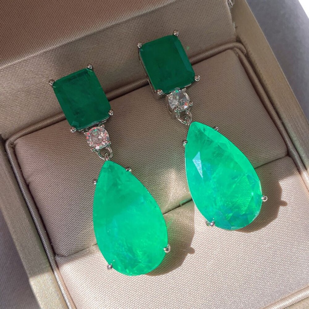925 Sterling Silver Emerald Fashion Big Drop Earrings
